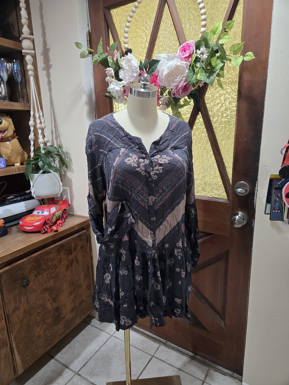 Free People Charcoal and Mauve Floral Button-Front Mini Dress